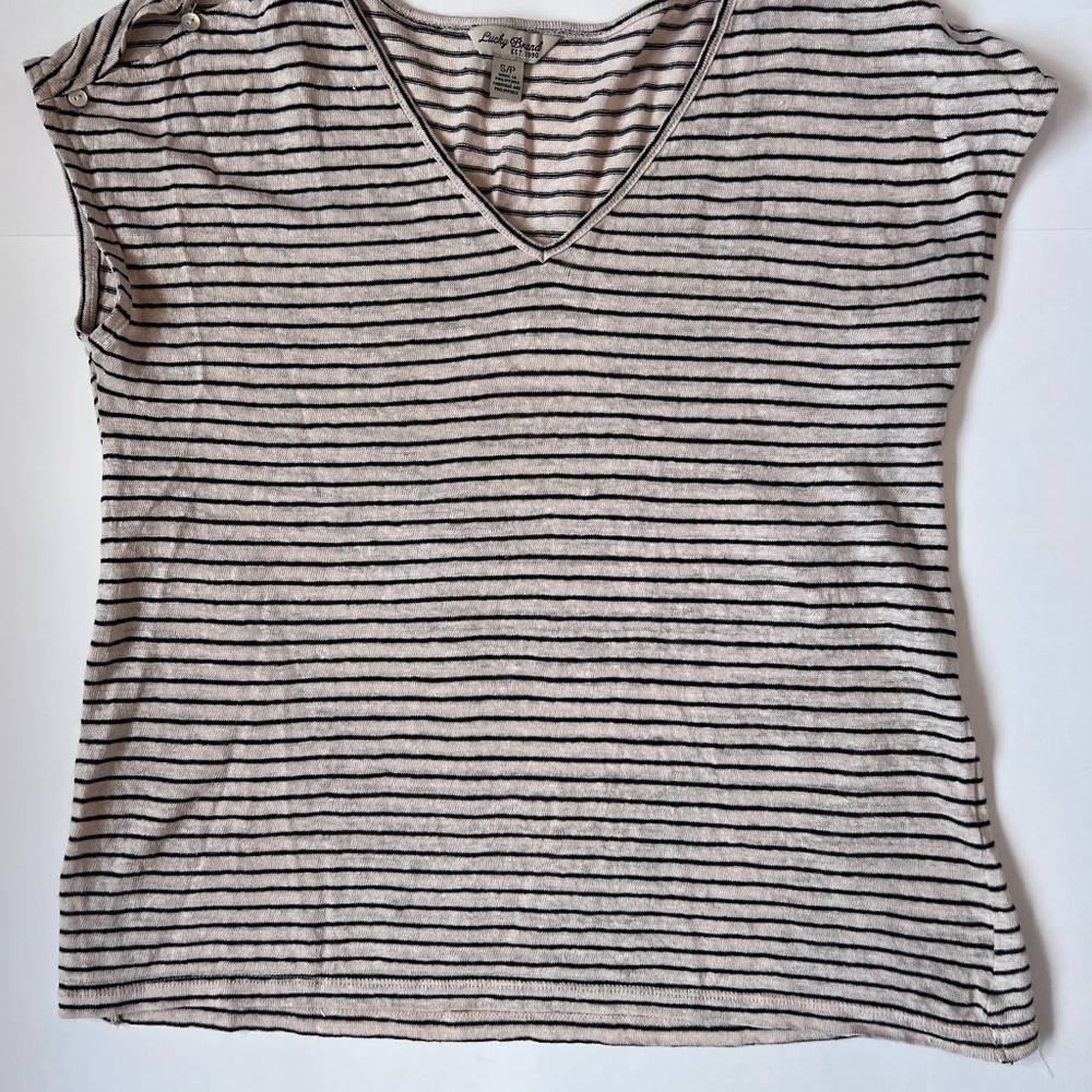 Lucky Brand 100% Linen Beige BlueStriped Button Shoulder V-Neck Shirt Size Small